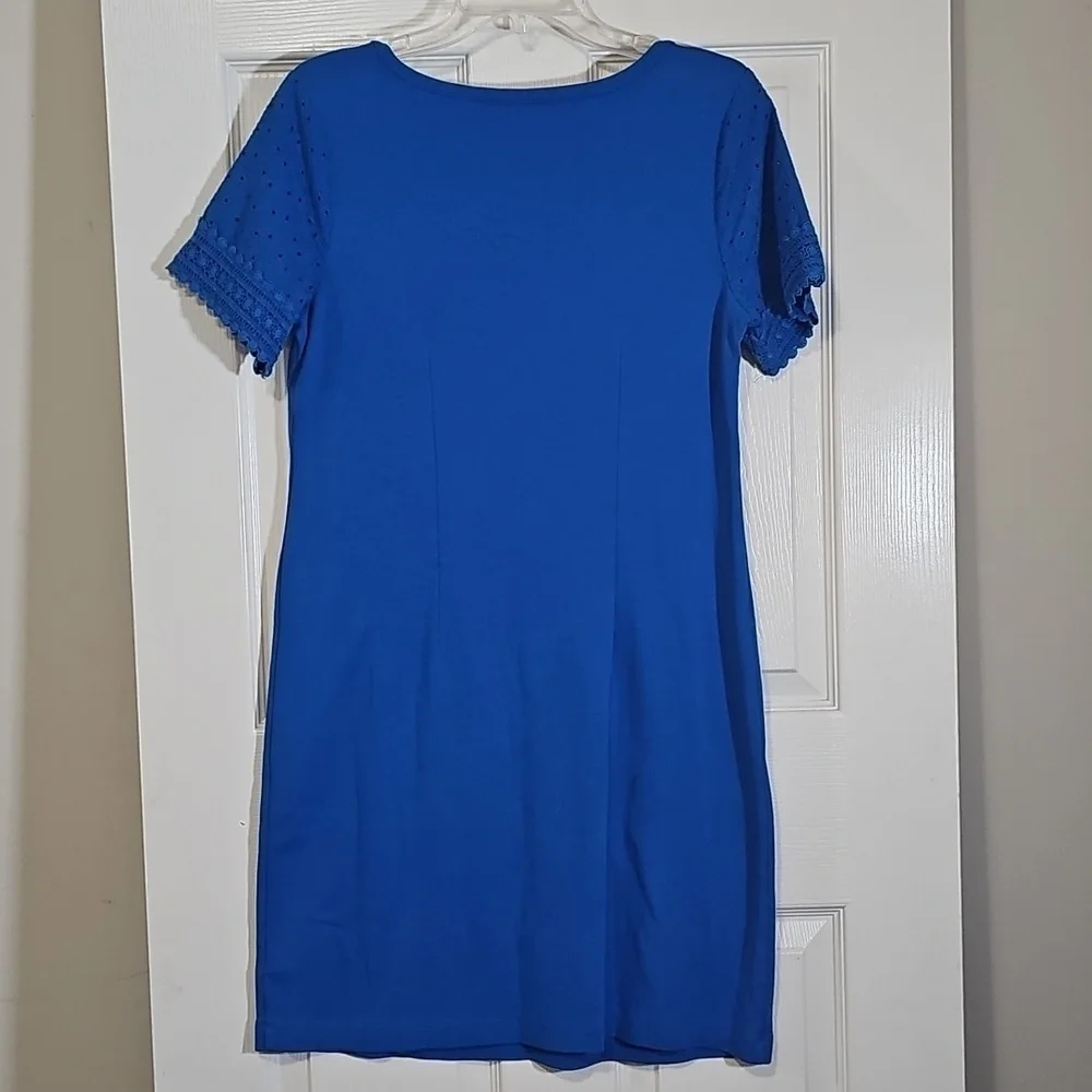 Talbot’s Short Sleeve Lace Trim Interlock Cotton Shift Dress Blue Size Petite M
